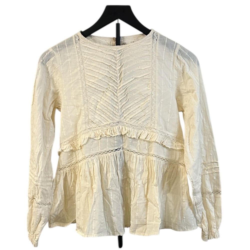 Zara Kids Cream Cotton Long Sleeve Ruffle Blouse Size 13-14 / 164